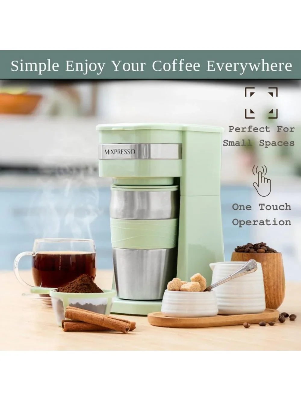 Single Serve Coffee Maker with 14oz Travel Mug - Compact & Portable Green Design